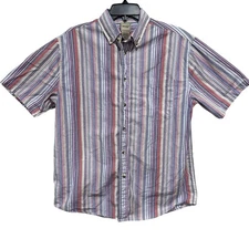 Scandia Woods Shirt Mens M Blue Pink Brown Striped Short Sleeve Button Down