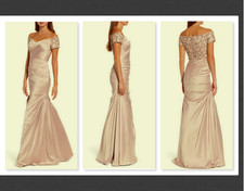 La Femme Champagne Off the Shoulder Beaded Satin Trumpet Gown Size 2 B697