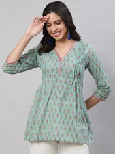 Indian Women Green Pure Cotton Ethnic Motifs Printed Kurta Kurti Top Tunic Dress