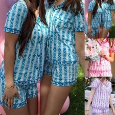 Pink Palm Pajamas in Twilight Summer Lounge wear Set Women Pjs Nightwear 2PCS UK