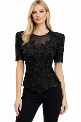 Women s LAWRENCE KAZAR Large Top Short Sleeve Black Sequined Beads Stunning