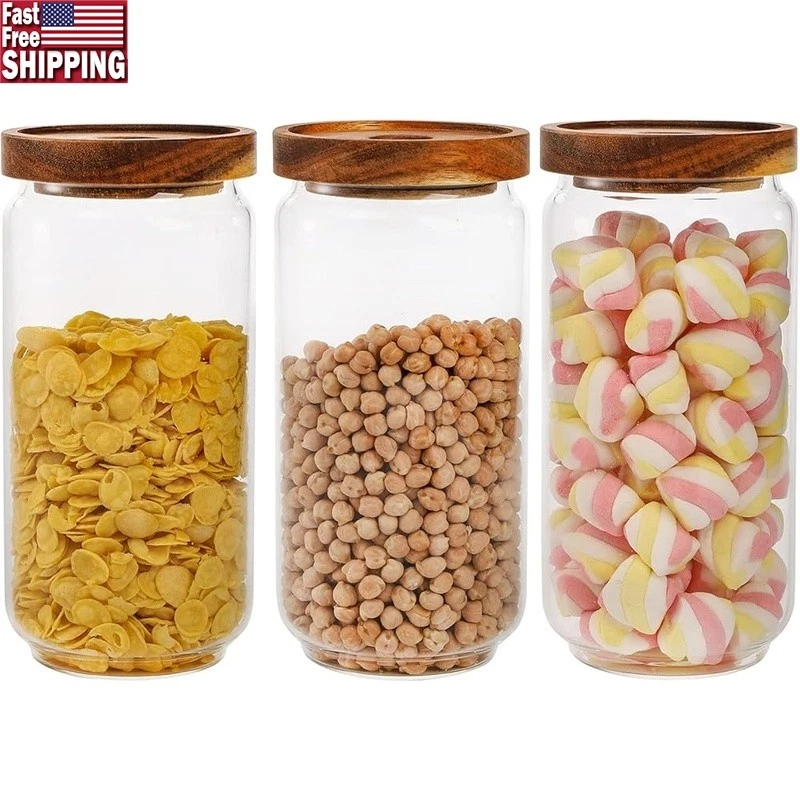 Airtight Glass Storage Jars Set of 3 W/ Acacia Wood Lids Kitchen Pantry New