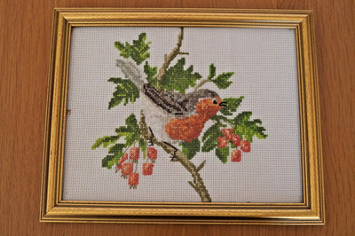 Nadelspitze Wandteppich Vintage Vogel Bild gerahmt Cottagecore Grandmacore