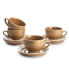 Sweese 6oz Cappuccino Cups & Saucers Set of 4 Porcelain Espresso Cups Yellow