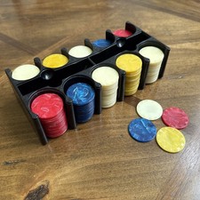 Vtg 183 Marbled Bakelite Red, Butterscotch, Blue,  White Poker Chips w/ Caddy