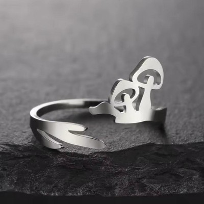 Magic Mushroom Ring Silver Stainless Steel Open Adjustable Mycophiles Fungi Band
