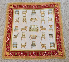 GUCCI Silk Scarf Chairs Print Gold Red Blue Botanical Rolled Edges 35"  EUC
