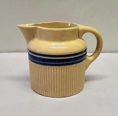 Hull Yellow Ware Creamer / Pitcher Blue Stripes and Ribbed Antique Yellowware