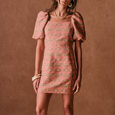 Sezane Allya Jacquard Spring Mini Dress Puff Sleeve Romantic Coquette Size 36