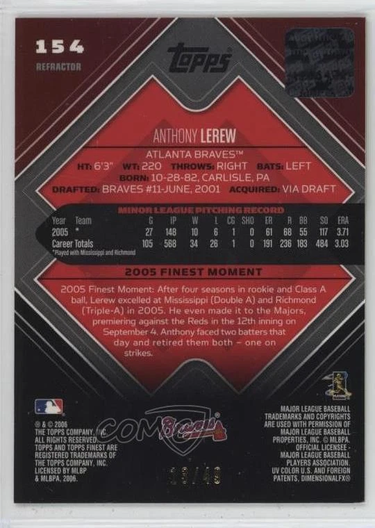 2006 Topps Finest Rookie Auto Gold Refractor /49 Anthony Lerew #154 Auto - Image 2 of 2