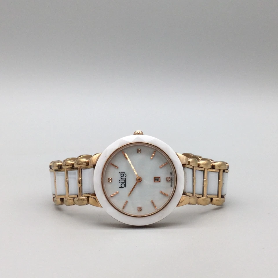 Burgi Watch Women Diamond Dial 35mm Rose Gold Tone Ceramic Band New Battery 7.5" - image 4 of 4