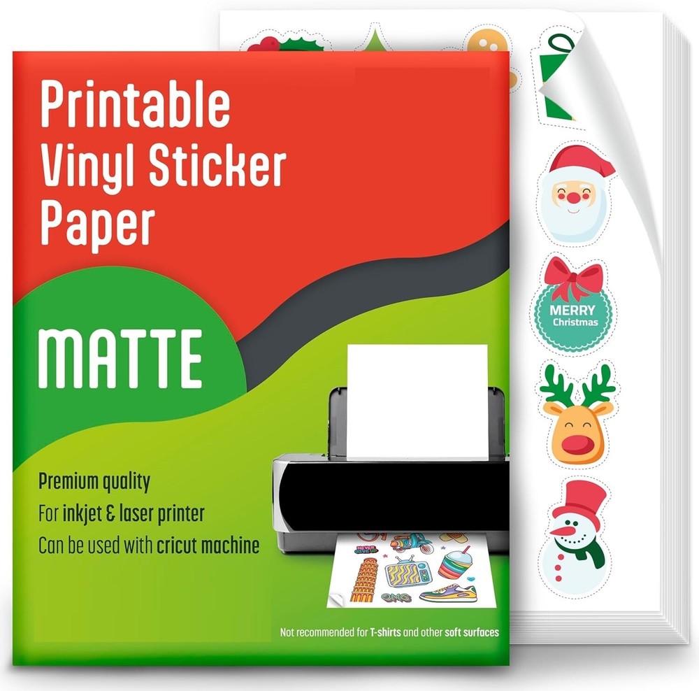 Waterproof 8.5x11 Matte Printable Vinyl Sticker Paper for Inkjet Laser 100 Sheets  