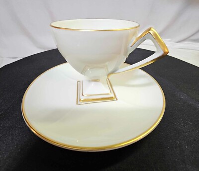 RARE vtg D.I.C Limoges France demitasse cup & saucer white gold square bottom-G4