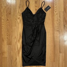 Liz & Sara little black dress satin deep V thin strap tulip hem Large LBD NEW