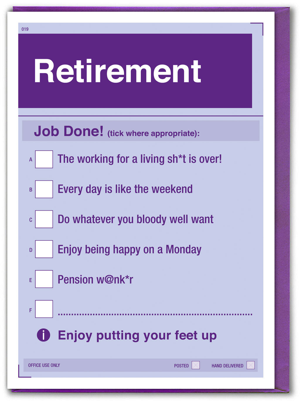 Funny Retirement Greetings Card With Tick Box Form Rude Cheeky Joke Humour