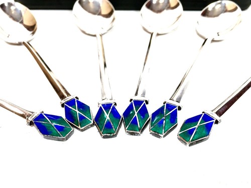 Antique 1930s Sterling Silver & Enamel Coffee / Tea Spoons by Liberty London - Picture 5 of 11