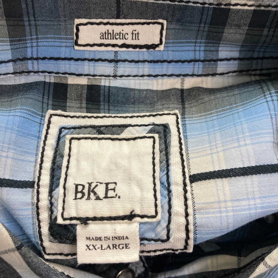 BKE Shirt Mens XXL Athletic Fit Blue Black Plaid Buckle Western Pearl Snap - Image 3 of 4