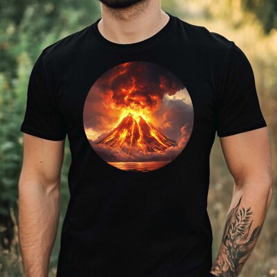 Erupting Volcano Motif Cotton Mens T-Shirt Size XS to 5XL