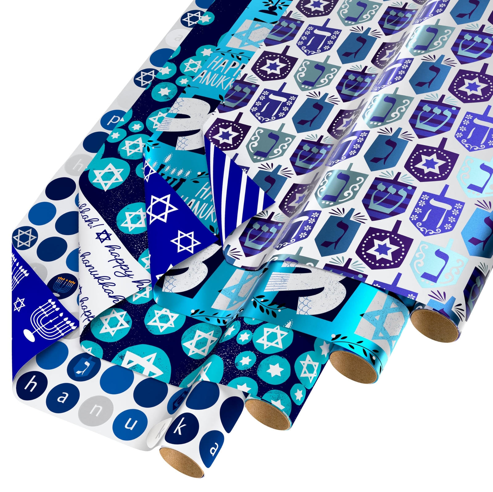 Reversible Hanukkah Wrapping Paper, Dreidel, Menorah and Star of David (4 Rol...
