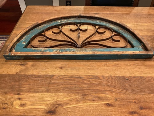 Rustic Painted Green & Natural Wood & Iron Half Moon Arch Wall Hanging Pediment - Picture 4 of 6