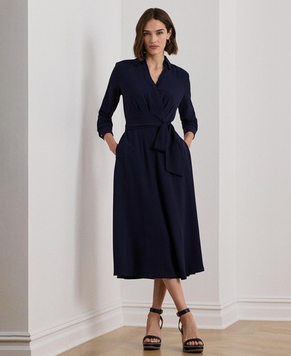 Lauren Ralph Lauren Surplice Georgette Midi Dress Women's 8 Navy Self-Belt L/S~