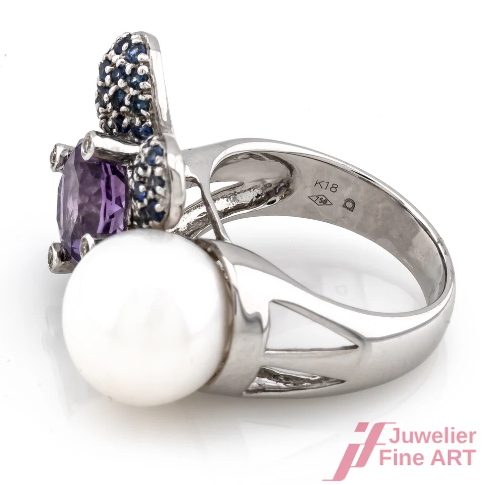 Anillo 750/18K Oro Blanco 1 Perla 1 Amatista Zafiros Diamantes Talla 55 - Imagen 3 de 3