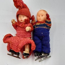 Lot 2 Vintage Kewpie plastic BABY DOLLS Celluloid 6" Ice Skating metal winter