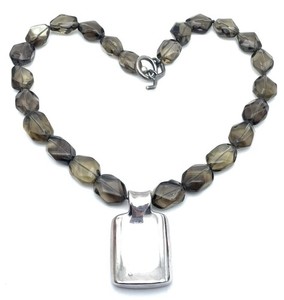 Sterling Silver 925 Pendant Necklace Smoky Gray Quartz Knotted Rock Stones 17”