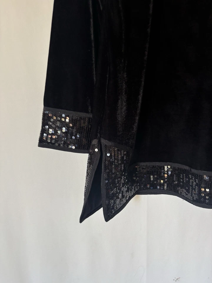 Top túnica Victor Costa mediano negro terciopelo lentejuelas para mujer vacaciones Foto 4 de 4