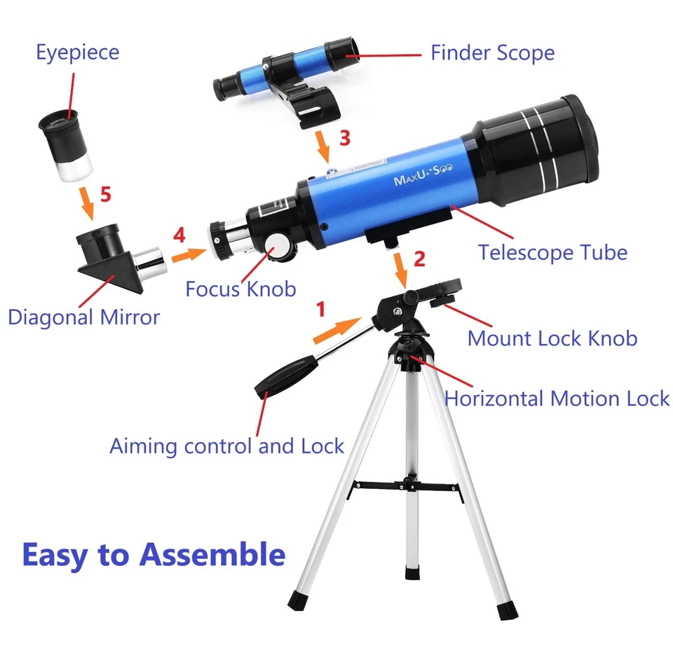 MaxUSee F400X70MM Kids Refractor Telescope Aluminum Tripod 1.25" Moon Filter  - Image 3 of 4