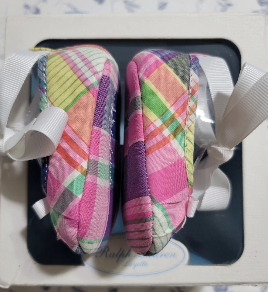 Ralph Lauren Layette розовый мульти клетку балет лодыжки галстук младенца туфли новый в коробке РЕДКАЯ!! - Изображение 2 из 4