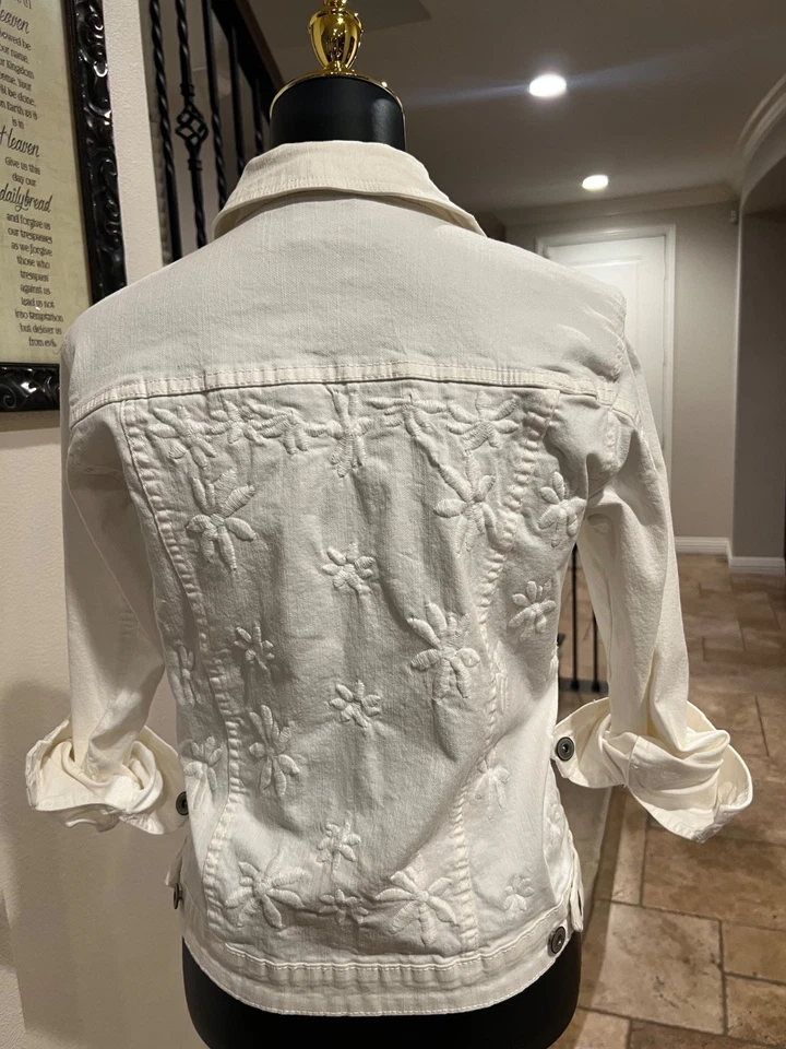 BACCINI White Stretch Denim Daisy Jean Jacket - Size Medium - Image 3 of 4