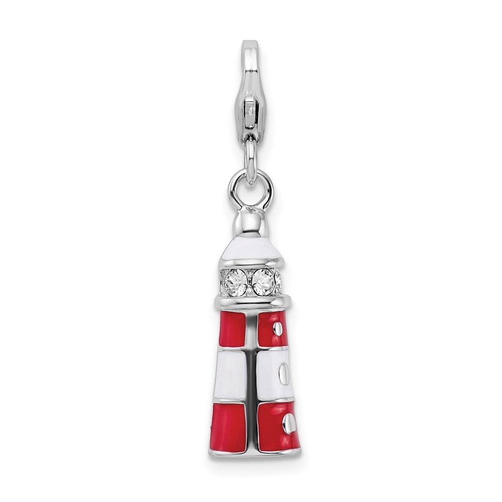 Sterling Silver 3-D Red Enameled Crystal Lighthouse Charm Pendant  2.81gm