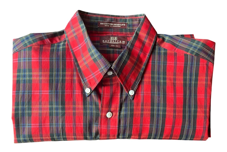 Camisa de vestir vintage a cuadros roja Nordstrom de tela ancha con botones para hombre 16 1/2 34 Foto 2 de 4