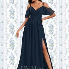 JJ's House Navy Blue Maxi Bridesmaid Dress V-Neck off Shoulder Sleeves Open Back