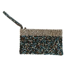 Glass Beaded Mini Wristlet Clutch Y2K Boho Evening Bag Multicolor Blue Cream