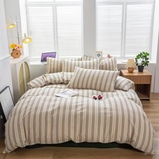Beige Duvet Cover Queen Size W/ Green Striped 100 Washed Cotton Duvet Cover Set