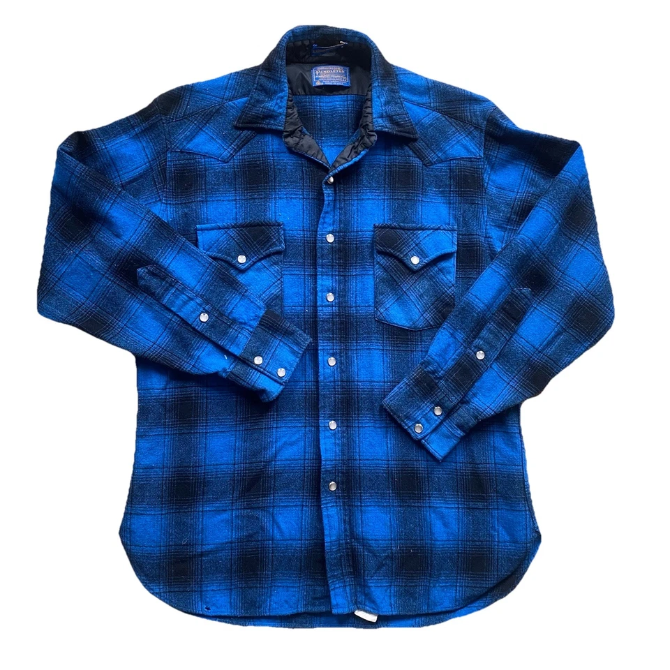 Vintage Pendleton Blue Shadow Plaid High Grade Western Shirt Snap 70s Large Wool - Image 2 of 4
