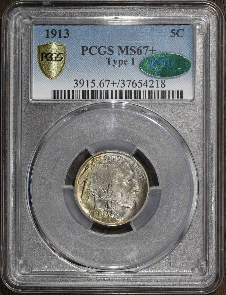 1913 (MS67+ CAC) Type 1 Buffalo Nickel 5C PCGS - First Year Colorful Toning - Image 2 of 3