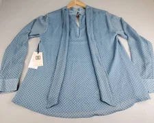 Ivanka Trump Blouse Womens L Sky Blue Black Dots Long Sleeve Tie Neck NWT New