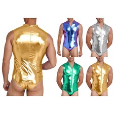 Men Leotard Stage Performance Swimsuit Gymnastics Bodysuit Clubwear Metallic