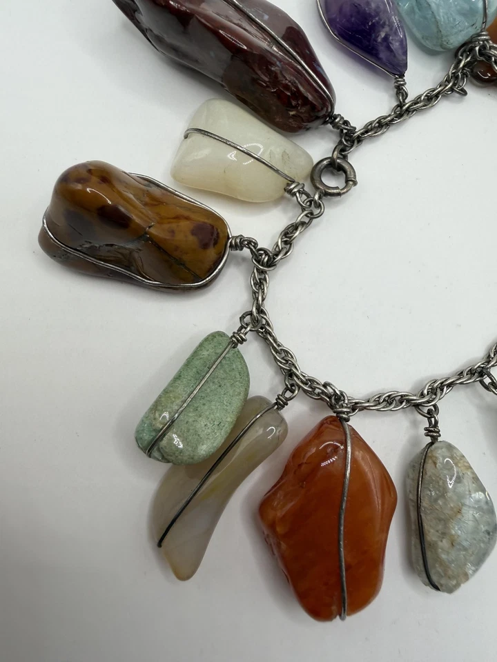 ARTISAN MIXED GEMSTONE CHARM BRACELET SILVER TONE WIRE WRAPPED AMETHYST BOHO - Image 3 of 4