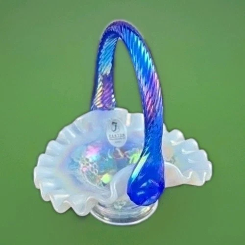 Fenton Glass French Opalescent Iridescent Mini Basket Cobalt Blue Twist Handle