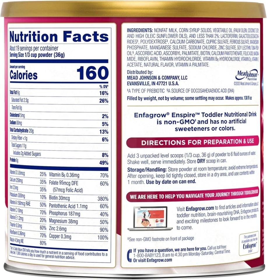 Enfagrow Enspire Niño Pequeño, Bebida Nutricional Lata 24 OZ (Paquete de 4) Foto 2 de 3