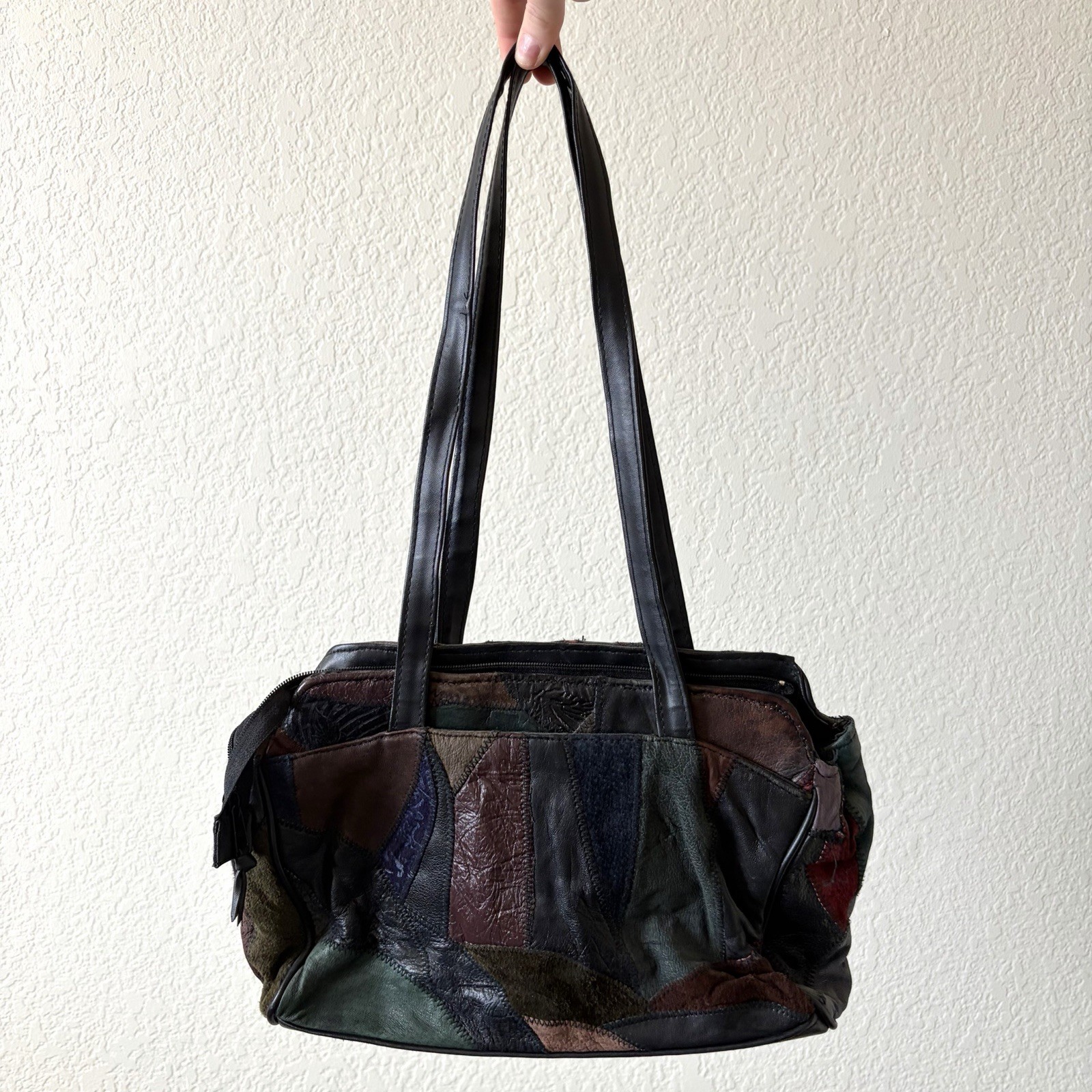 patchwork leather vintage shoulder bag jewel tone… - image 2