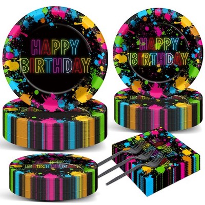 Qyeahkj 200pcs Neon Party Paper Plate and Napkins Supplies Neon Birthday Part...