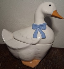 Vtg. Mother Goose Ceramic Cookie Jar 1986 Blue Bow Decor Farmhouse Cottagecore