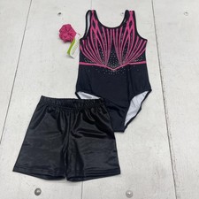 Joystream Gymnastics Leotard Set Girls Large 8-9 Black Pink Rhinestone Shorts