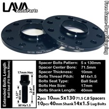 2PC 10MM THICK 5X130 71.5MM C.B WHEEL SPACER+14X1.5 BOLT FIT AUDI VW PORSCHE