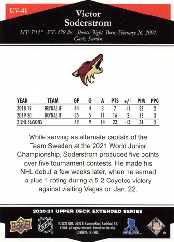 2020-21 Victor Soderstrom UD Extended Series Ultimate Victory Rookie #UV-41 - Picture 2 of 2